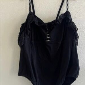 Black Lace-Trim Camisole Bodysuit with Hook Front